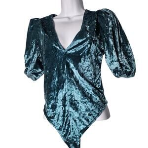 Intimately Free‎ People Velvet Bodysuit XS Teal Crushed Puff Sleeve Romantic NWT